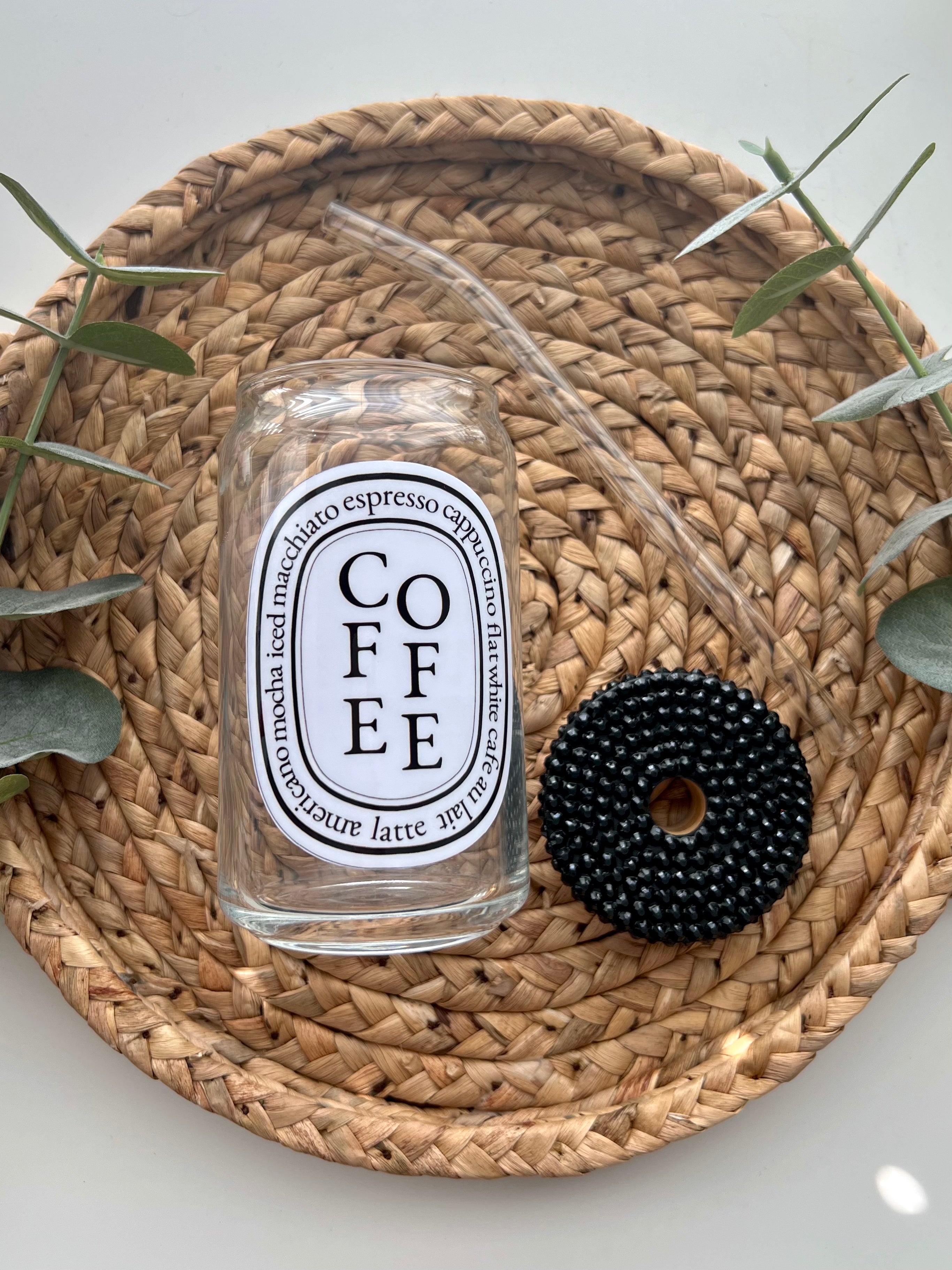 Coffee Glass | Black Bling Bamboo Lid + Glass Straw Included