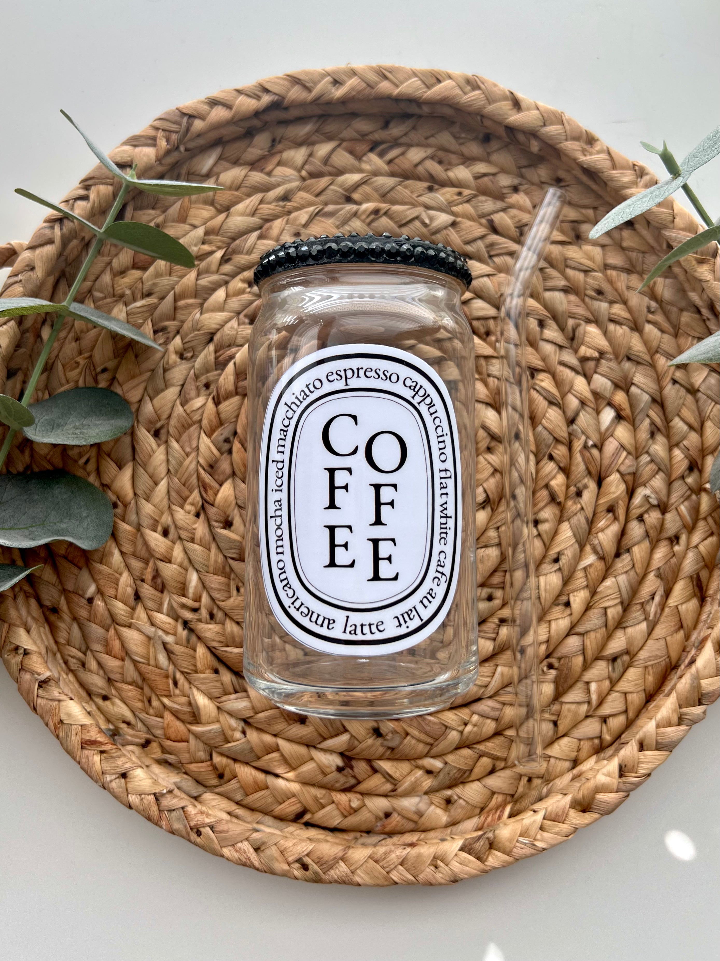 Coffee Glass | Black Bling Bamboo Lid + Glass Straw Included